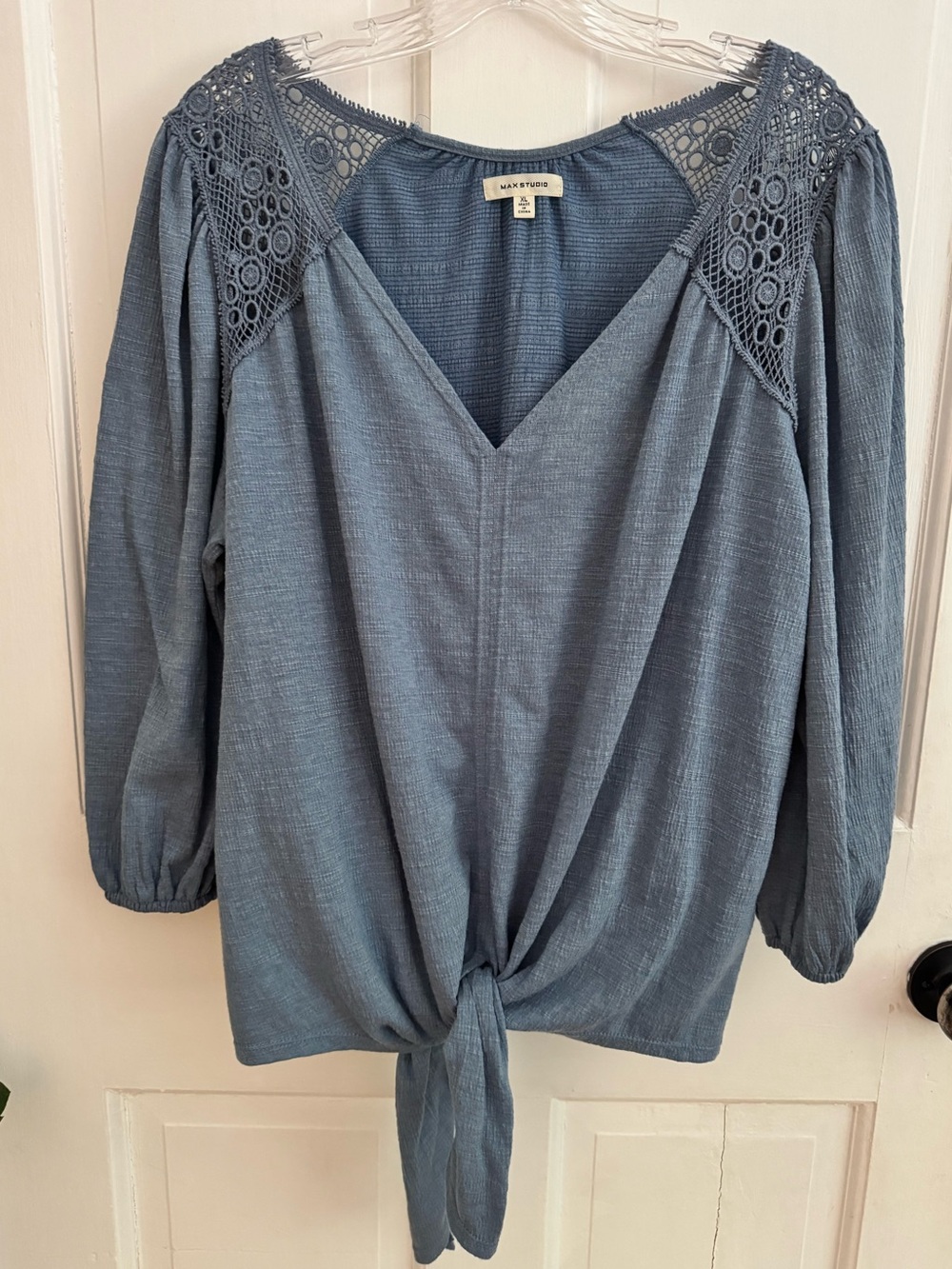 Women’s Soft Denim Blue Tie-Front, V-Neck, Crochet Shoulder Blouse, Size XL